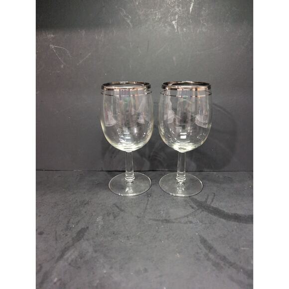 Silver Rimmed Wine Glasses, Set of 2, Vintage Stemware, Midcentury 10 Oz Barware - Picture 1 of 9